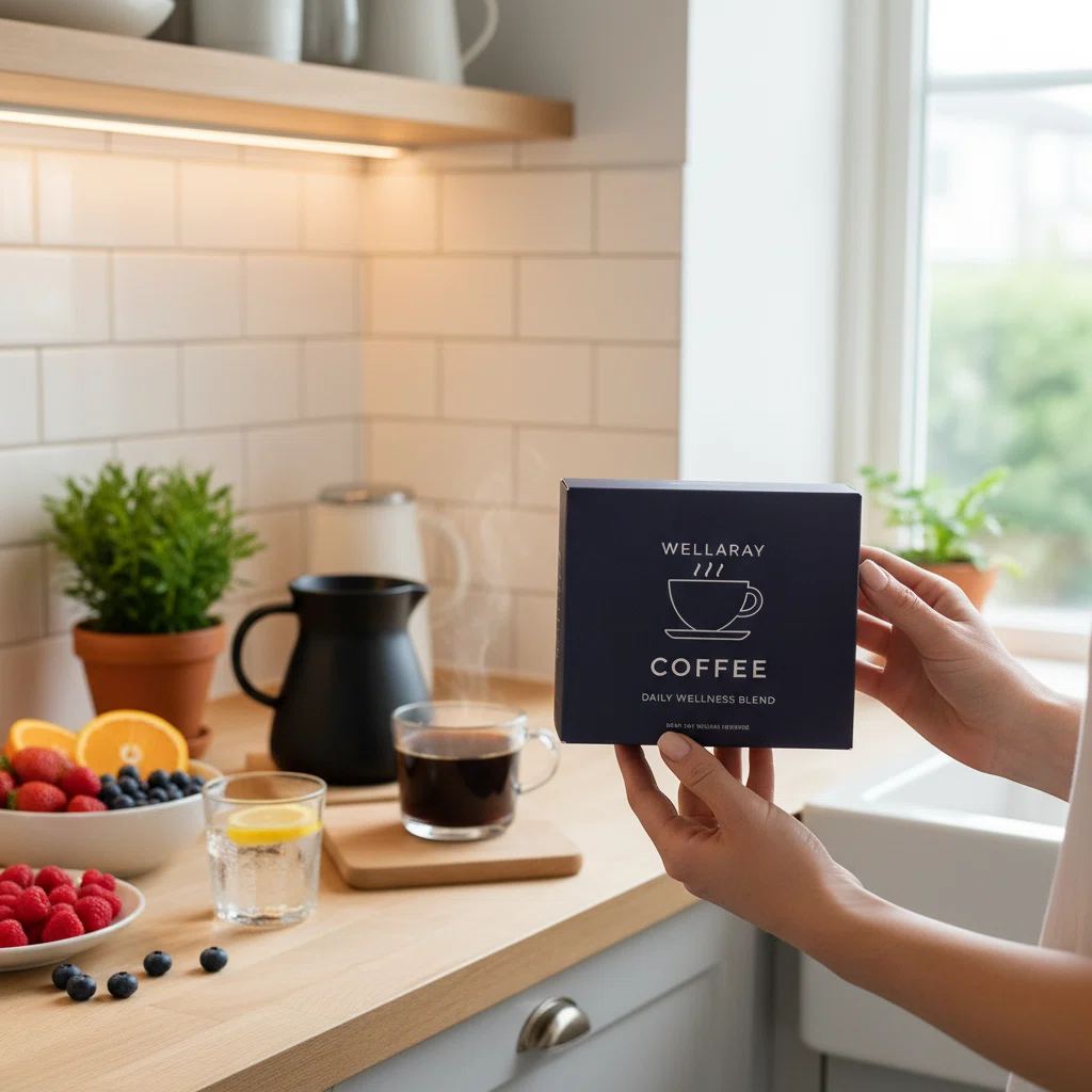 Wellaray Coffee Morgenroutine - Hände halten Nahrungsergänzungsmittel-Verpackung in moderner Küche